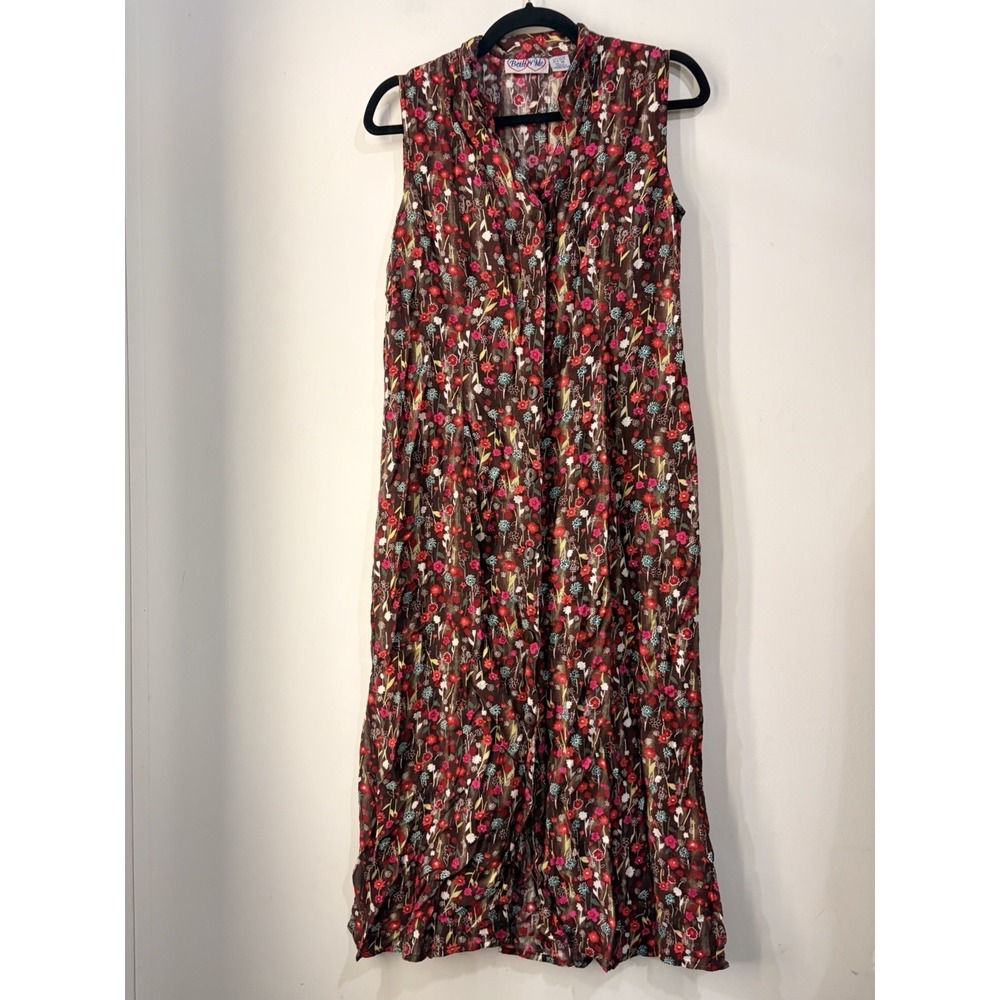 Vintage Beth & Me Rayon Floral‎ Midi Dress Button Front Brown Y2K Cottagecore M